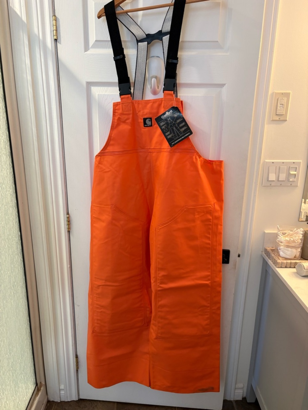 (Sold) Carhartt Orange PVC Rainwear Bib Overalls with Black Strap Accents